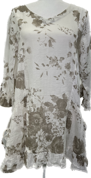 Beige and Tan Linen Floral Tunic