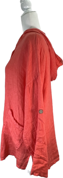 Red Orange Linen Poppy Hooded Button-down Jacket
